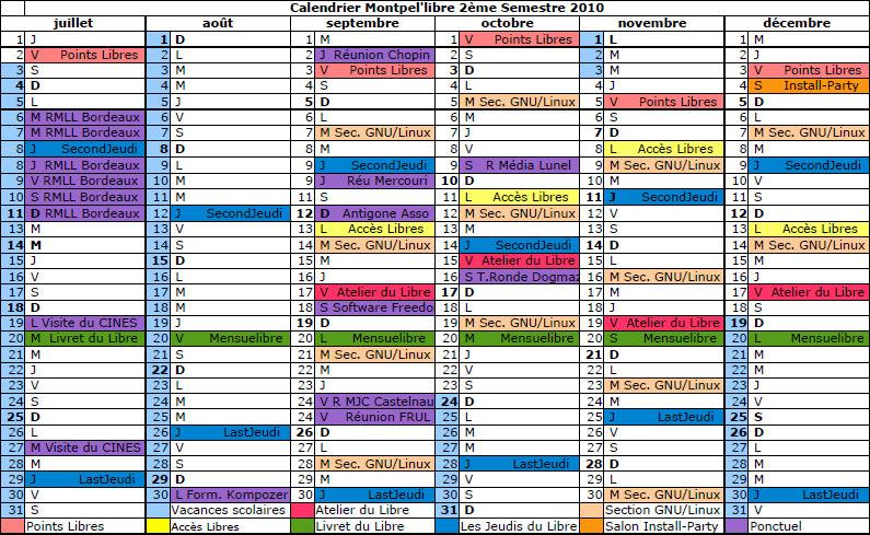 Calendrier 2e Semestre 2010