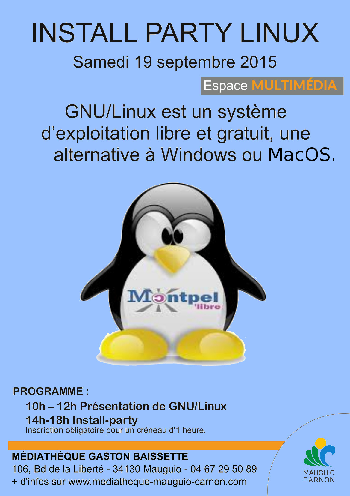 Café Numérique et Install-Party GNU/Linux et Logiciels Libres à la Médiathèque de Mauguio – Septembre 2015